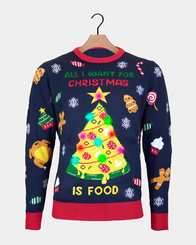 Luminous LED Christmas Sweater for Men Featuring Christmas Food