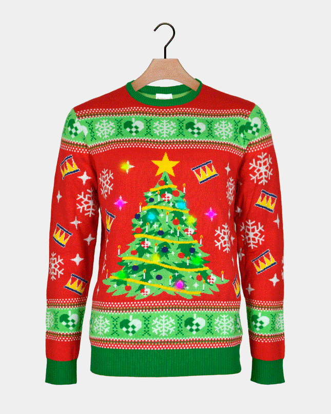 LED Red Christmas Sweater for Couples - Christmas Tree Design