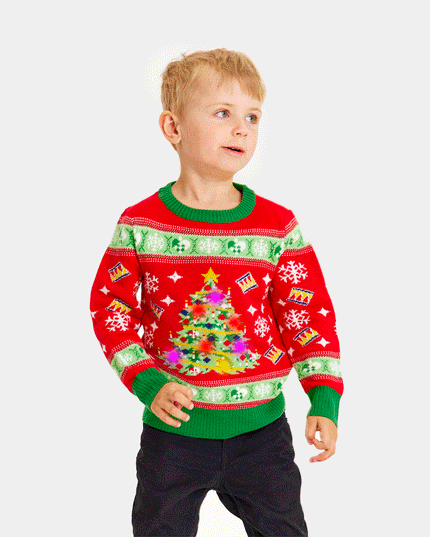 Red LED Lighted Christmas Sweater for Kids with Christmas Tree