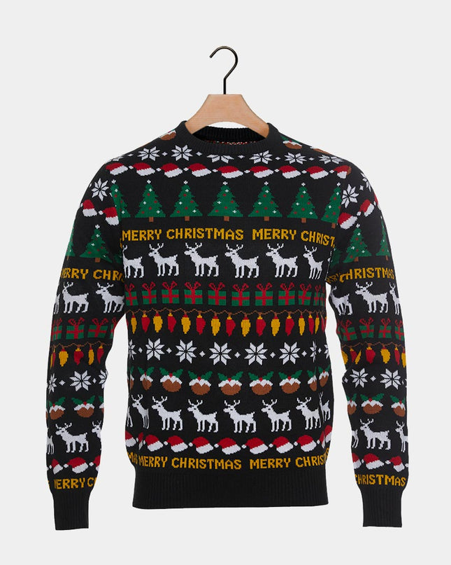 Black Christmas Sweater for Kids with Trees and Gifts