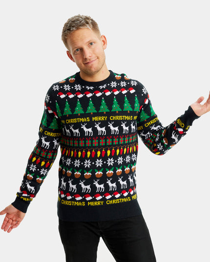 Schwarzer Weihnachtspullover für die ganze Familie mit Bäumen, Rentieren und Geschenken