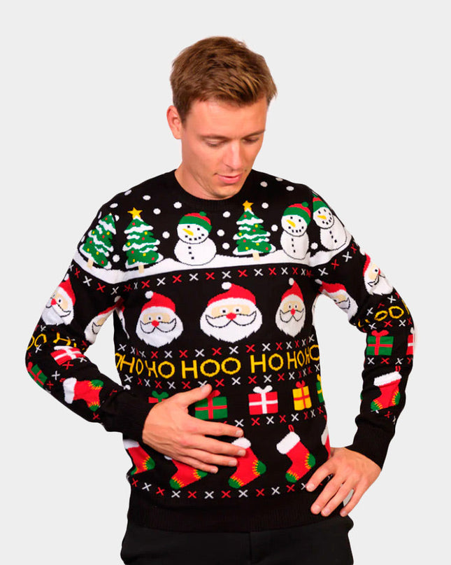 Men's Organic Cotton Sweater with Santa, Gifts, and Snowmen