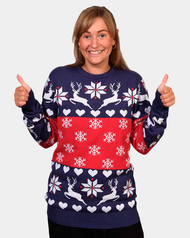 Women's Christmas Sweater with Blue and Red Reindeer and Hearts