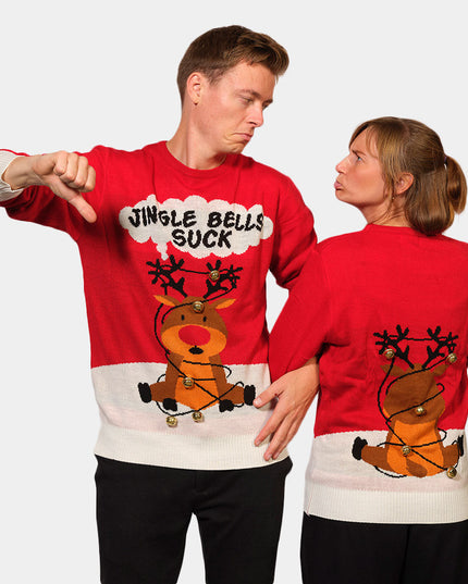 Roter 3D-Weihnachtspullover mit Glöckchenmotiv für Damen
