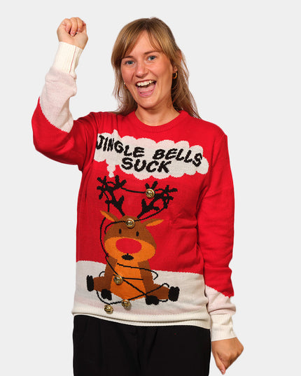Roter 3D-Weihnachtspullover mit Glöckchenmotiv für Damen