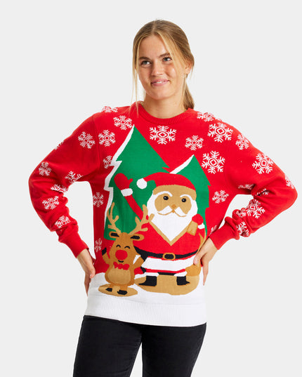 Women's Red Christmas Sweater with Santa and Reindeer