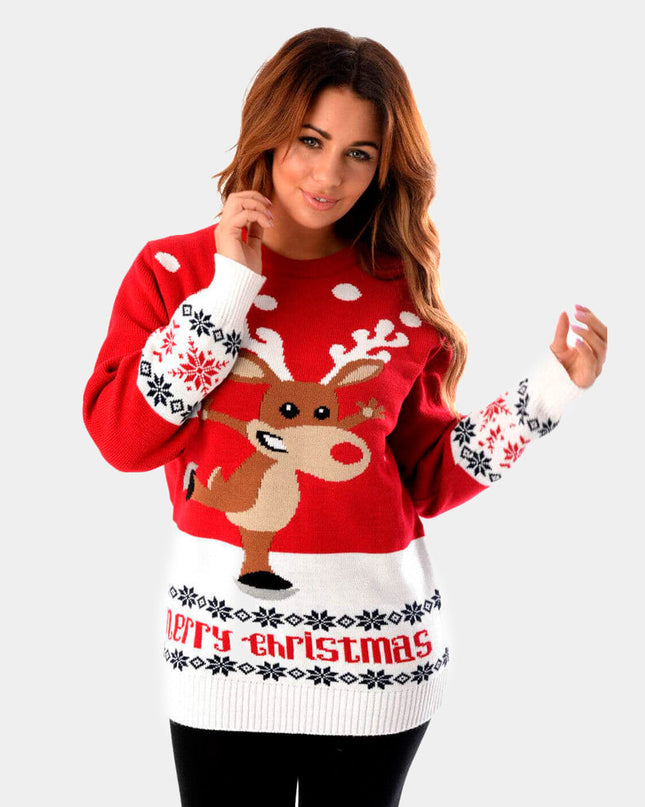 Women's Red Sweater with Skating Reindeer