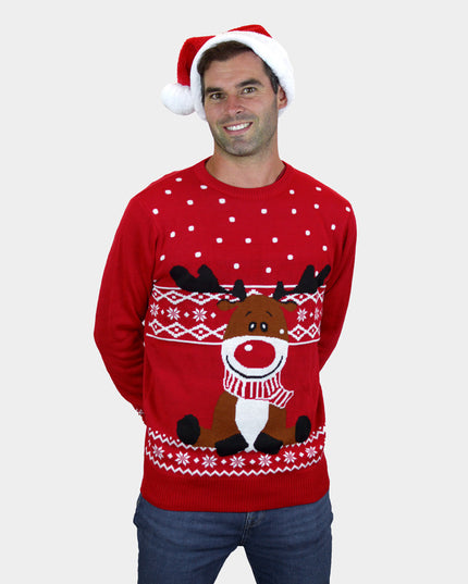 Red Christmas Sweater for Men with Rudolph Scarf