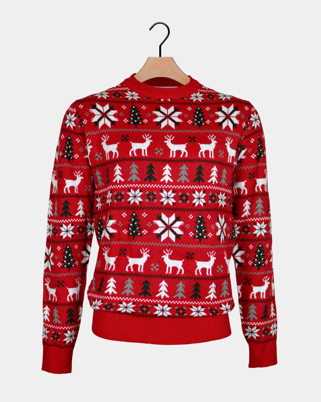 Red Couples Christmas Sweater with Reindeer, Trees, and Polar Stars