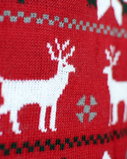 Women's Red Christmas Sweater with Reindeer, Trees, and Stars