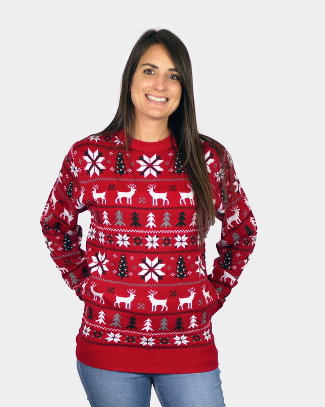 Women's Red Christmas Sweater with Reindeer, Trees, and Stars