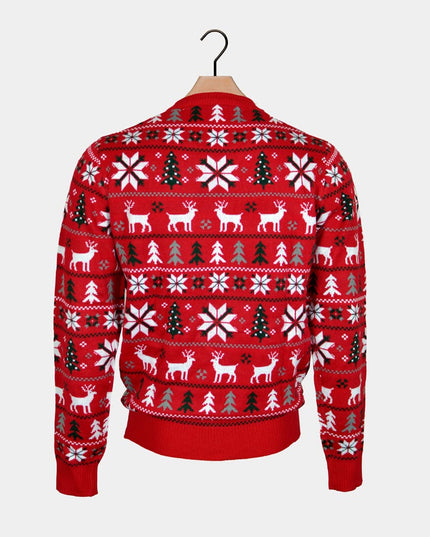 Roter Herrenpullover mit Rentieren, Bäumen und Polarsternen
