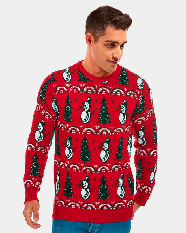 Red Christmas Sweater for Men with Trees and Snowmen
