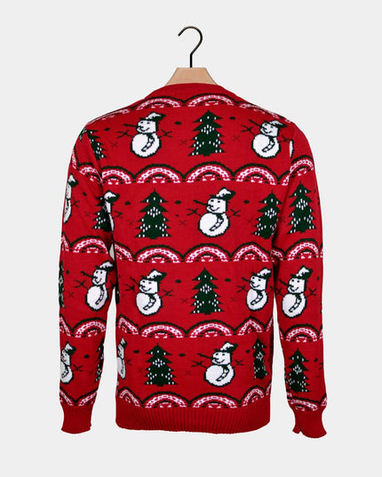 Red Christmas Sweater for Men with Trees and Snowmen