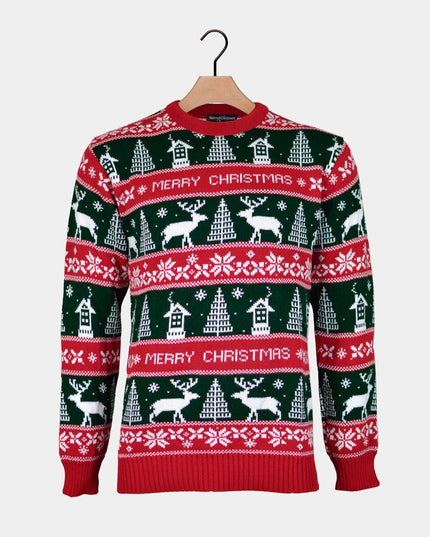 Roter und grüner Pullover mit der Aufschrift „Frohe Weihnachten“