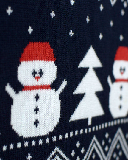 Blue Christmas Sweater for Women with Trees, Snowmen, and Santa in Organic Cotton