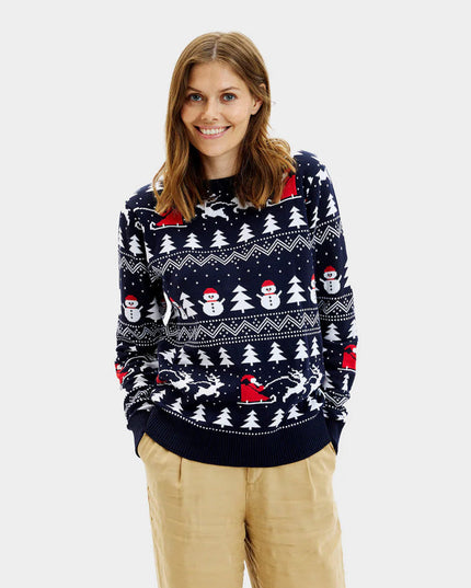Women's Blue Christmas Sweater with Trees, Snowmen, and Santa
