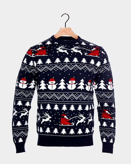 Women's Blue Christmas Sweater with Trees, Snowmen, and Santa