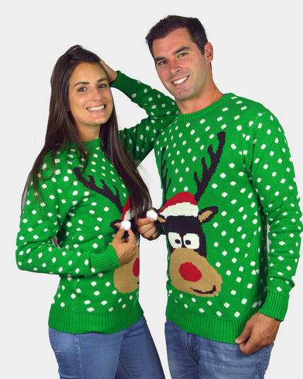 Grüner 3D-Weihnachtspullover für Damen mit Rentier- und Weihnachtsmannmütze
