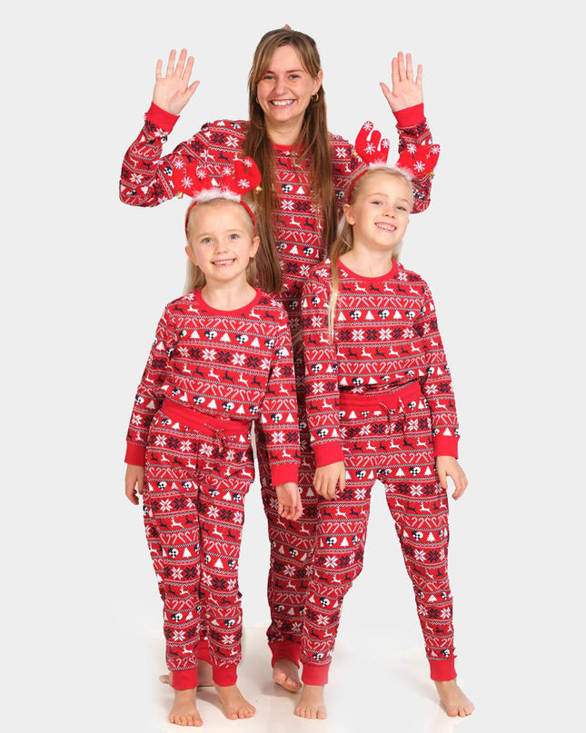 Unisex-Weihnachtspyjama für Erwachsene, rot mit Rentieren und Bäumen