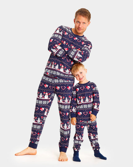 Unisex Adult Christmas Pajamas Blue with Snowmen and Hearts