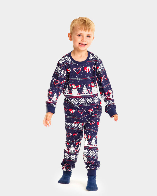 Kids' Blue Christmas Pajamas with Snowmen and Hearts