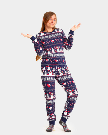 Family Christmas Pajamas in Blue with Snowmen and Hearts