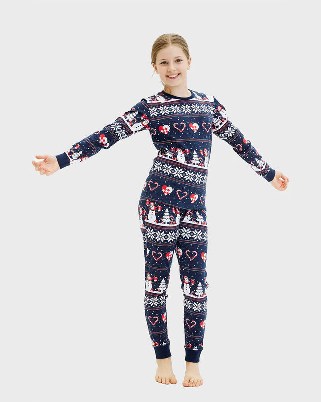 Family Blue Christmas Pajama with Snowmen and Hearts