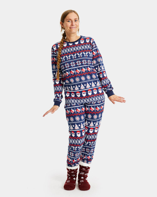 Unisex-Weihnachtspyjama für Erwachsene, blau mit Weihnachtsmann, Bäumen und Herzen