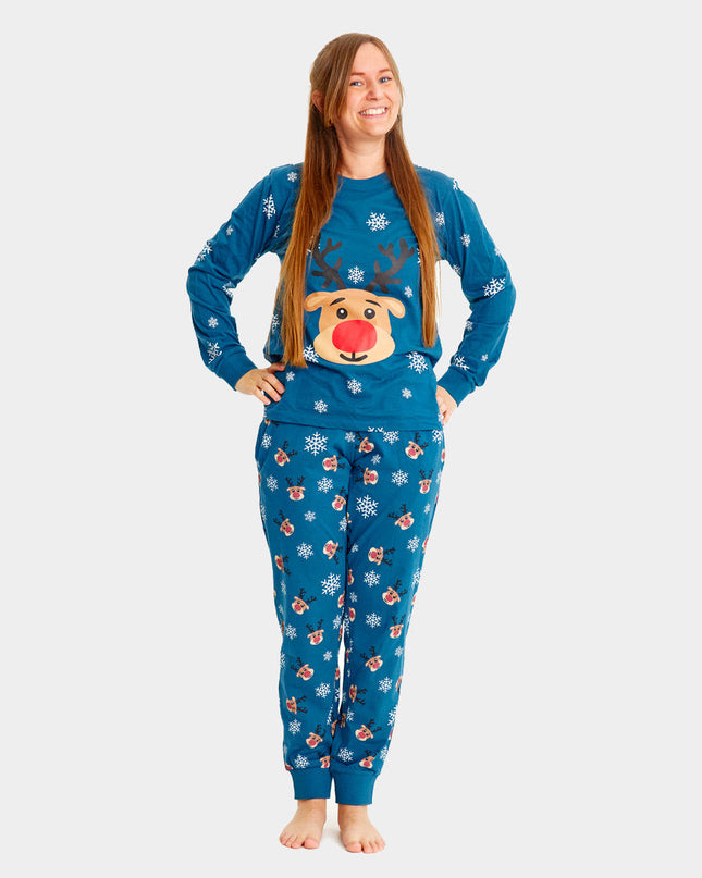 Unisex-Weihnachtspyjama für Erwachsene, blau mit Rentier Rudolph