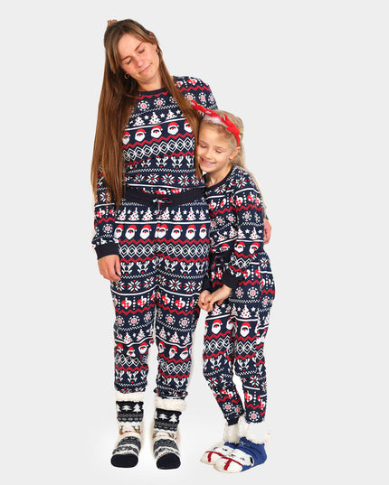 Unisex-Weihnachtspyjama für Erwachsene, blau mit Weihnachtsmann, Bäumen und Herzen
