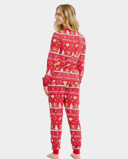 Unisex-Weihnachtspyjama für Erwachsene, rot mit Weihnachtsplätzchen