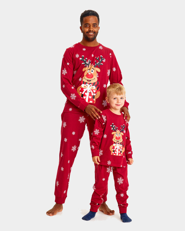 Unisex-Weihnachtspyjama für Erwachsene, rot mit Rentier Rudolph