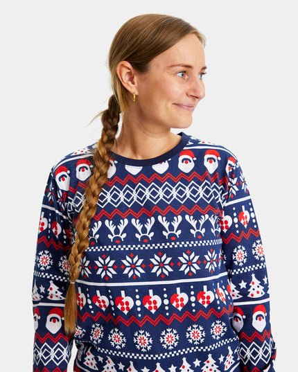 Unisex-Weihnachtspyjama für Erwachsene, blau mit Weihnachtsmann, Bäumen und Herzen