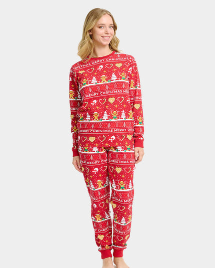 Unisex-Weihnachtspyjama für Erwachsene, rot mit Weihnachtsplätzchen
