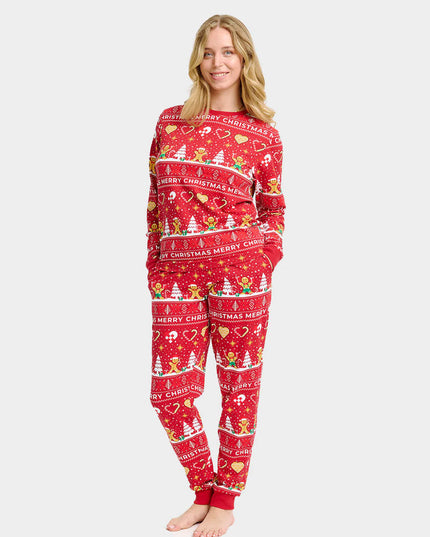 Unisex-Weihnachtspyjama für Erwachsene, rot mit Weihnachtsplätzchen