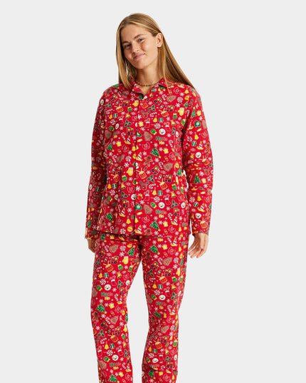 Unisex-Weihnachtspyjama für Erwachsene, rot mit weihnachtlichen Mustern