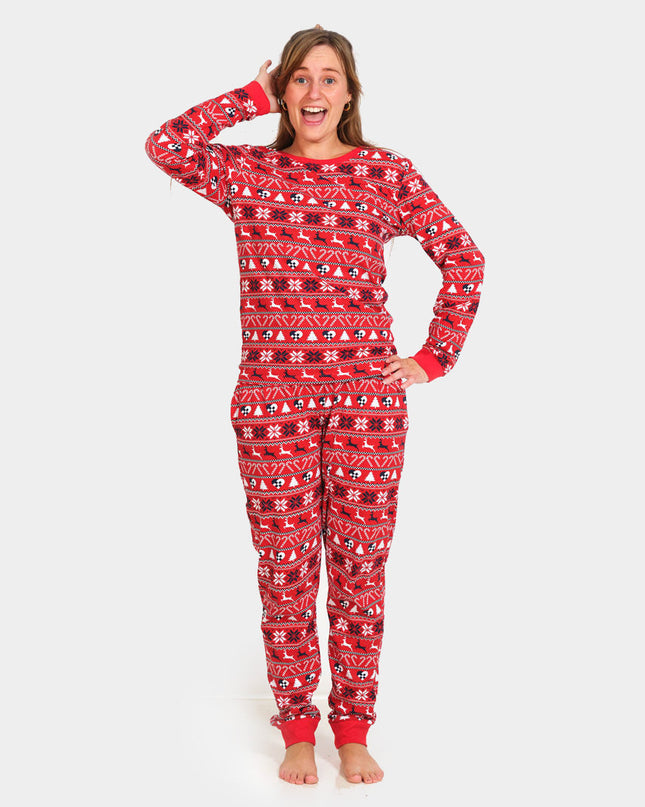 Red Unisex Christmas Pajamas for Adults with Reindeer and Trees