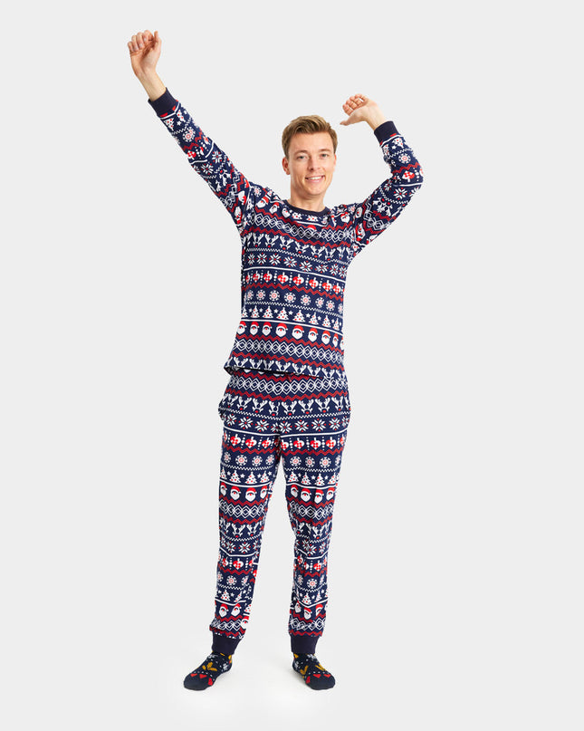 Unisex-Weihnachtspyjama für Erwachsene, blau mit Weihnachtsmann, Bäumen und Herzen