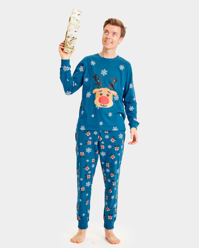 Unisex-Weihnachtspyjama für Erwachsene, blau mit Rentier Rudolph