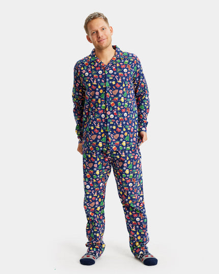 Unisex-Weihnachtspyjama für Erwachsene, blau mit weihnachtlichen Mustern