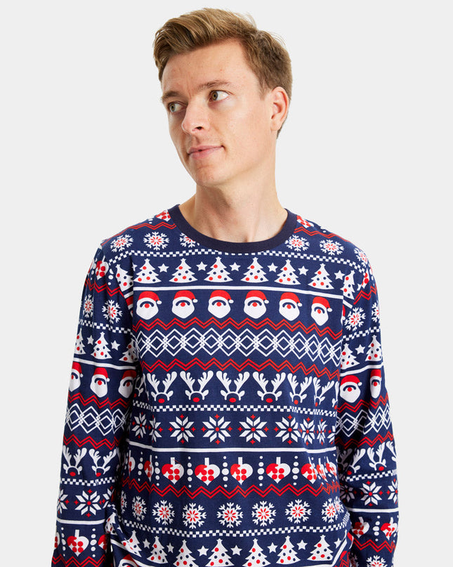 Unisex-Weihnachtspyjama für Erwachsene, blau mit Weihnachtsmann, Bäumen und Herzen