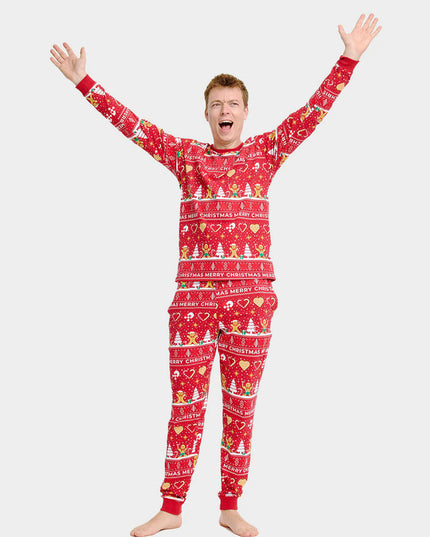 Unisex-Weihnachtspyjama für Erwachsene, rot mit Weihnachtsplätzchen