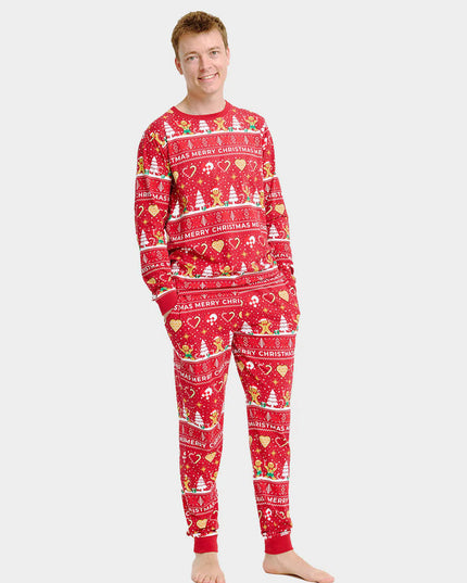Unisex-Weihnachtspyjama für Erwachsene, rot mit Weihnachtsplätzchen