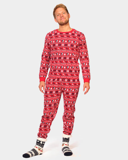 Red Unisex Christmas Pajamas for Adults with Reindeer and Trees