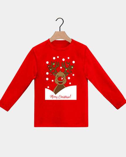 Rotes Langarm-Weihnachts-T-Shirt für Kinder mit Rentier-Motiv