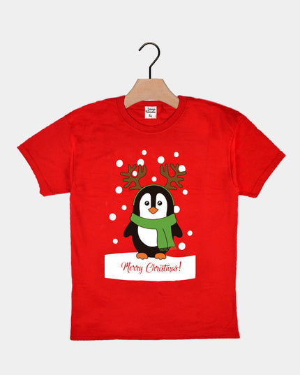 Rotes Weihnachts-T-Shirt für Kinder mit Pinguinmotiv