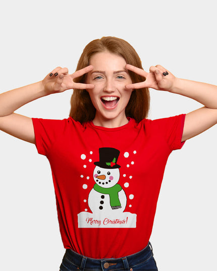 Red Christmas T-Shirt for Family with Snowman Design