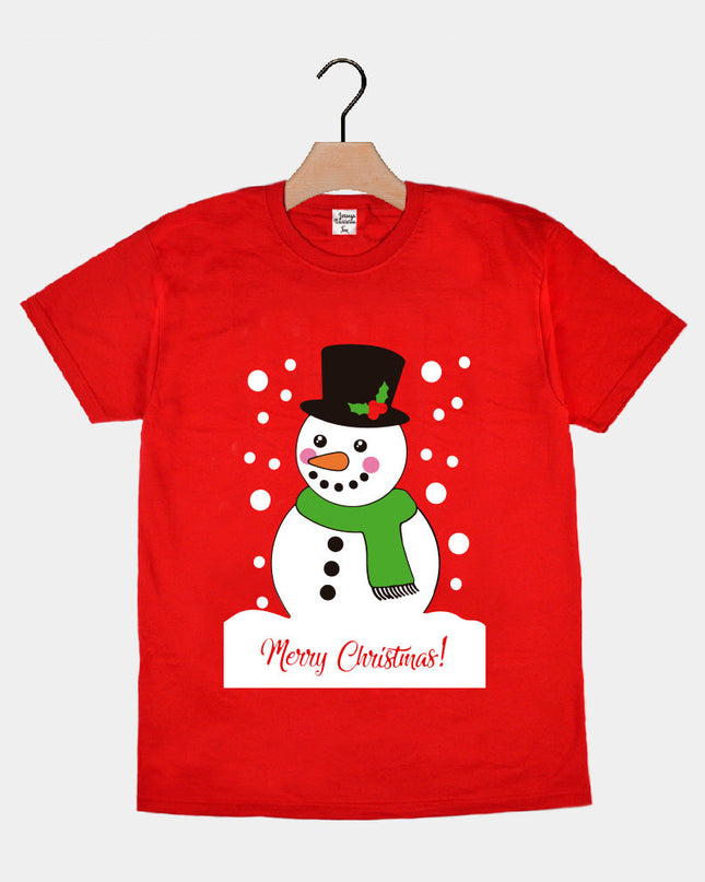 Red Christmas T-Shirt for Family with Snowman Design