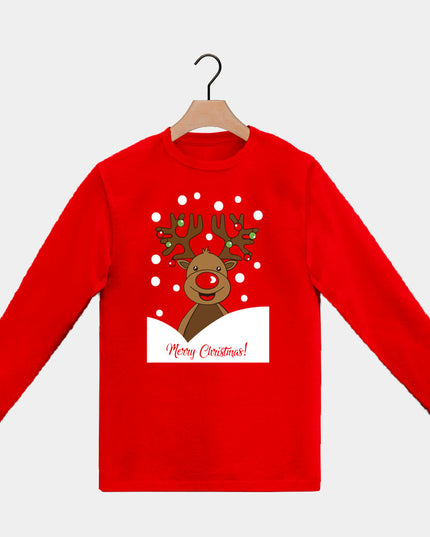 Rotes Langarm-Weihnachts-T-Shirt für die Familie mit Rentier Rudolph